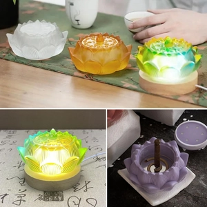 Lotus incense burner and LED light set with multi-layered resin floral candle holder