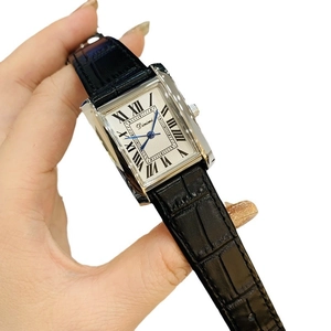 Elegant rectangular quartz watch with silver case, Roman numerals and black leather strap