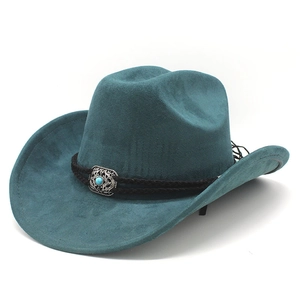 Classic teal faux suede western cowboy hat with braided leather band and turquoise metal buckle