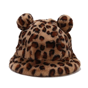 Winter plush leopard print bucket hat with cute double faux fur animal ears