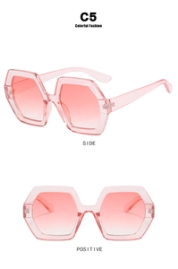 Pink oversized hexagonal sunglasses with gradient lenses shown in front and side views
