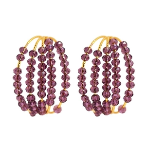 Handmade purple crystal beaded layered hoop earrings with gold-plated metal finish