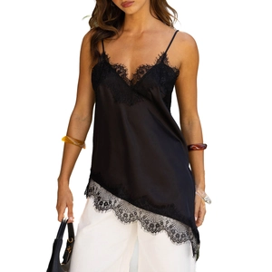 Black satin camisole with lace trim, V-neck, and irregular hem for women's elegant wear