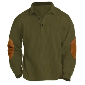 Detail view of olive polo shirt featuring corduroy texture and brown elbow patches