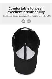 Detail view of black baseball cap interior with breathable mesh and metal buckle