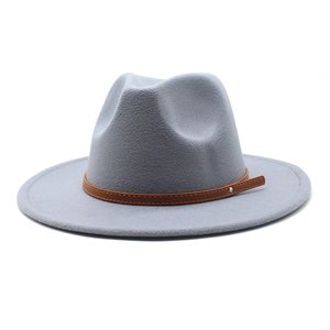 Classic light gray fedora hat with flat wide brim and brown faux leather belt strap