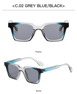 Detail view showing front and side profile of grey-blue gradient square frame sunglasses