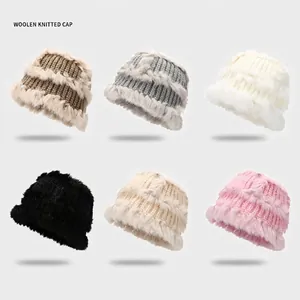 Women Winter Warm Acrylic Knitted Cloche Hat With Faux Fur Trim Thick Plush Korean Style Elegant