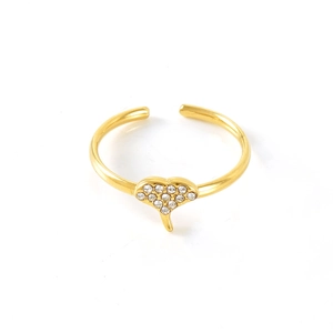 Adjustable 18k gold plated open ring featuring a ginkgo leaf design with sparkling rhinestones