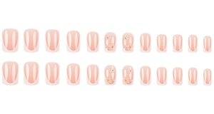 Detail of 24pcs pink French fake nails with white tips, floral accents and pearls