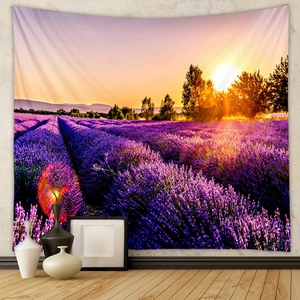 Detail of bohemian landscape tapestry showing sunset lavender fields on a soft fabric wall hanging