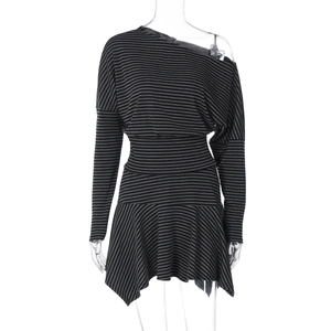Detail of off-shoulder striped long sleeve dress with asymmetric hem and waisted design