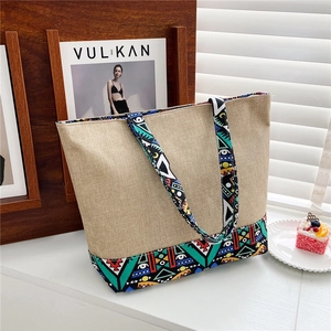 Ethnic style canvas tote bag with colorful geometric prints and large capacity