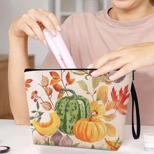 Borsa Cosmetica in Lino Stampa Zucca Foglia d'Acero Autunno Astuccio Trucco da Viaggio con Zip per Ringraziamento Donna