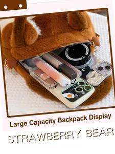 Cute Strawberry Bear plush crossbody bag with large storage space for essentials
