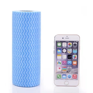 Blue disposable kitchen wipes roll with wave pattern shown next to phone for size scale