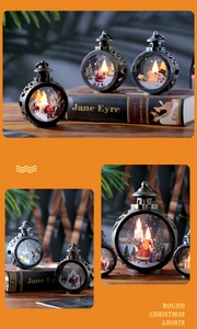 Detail of vintage round Christmas lanterns with LED candles and festive patterns