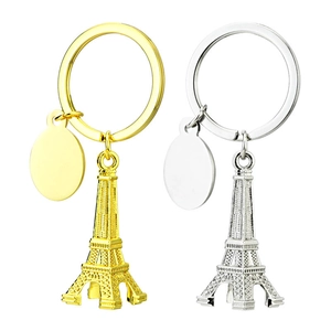 3D Eiffel Tower metal keychain set in gold and silver finish with round pendant