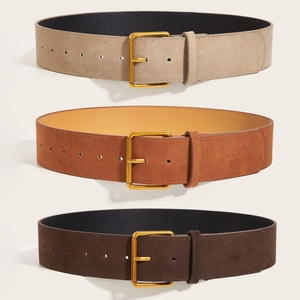 Wide Suede Belt Women Leather Vintage Retro Waistband With Gold Square Pin Buckle Fashion Accessory