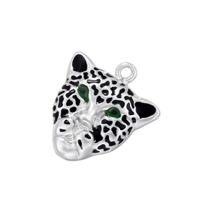 Detailed silver-tone leopard head pendant with black enamel spots and green crystal eyes