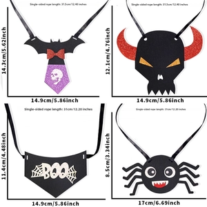 Size chart showing adjustable Halloween pet bowties with dimensions for cats and dogs