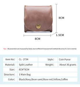 Detailed dimensions of leather coin purse with size markings and feature chart