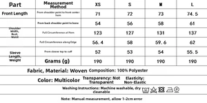 Detailed size chart for women's loose shirt with measurements for XS to L sizes