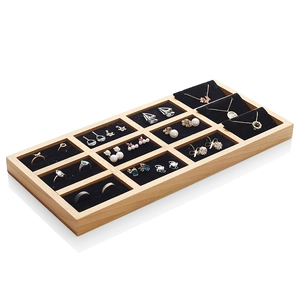 Beech wood jewelry display tray with 12 slots and black velvet lining for rings