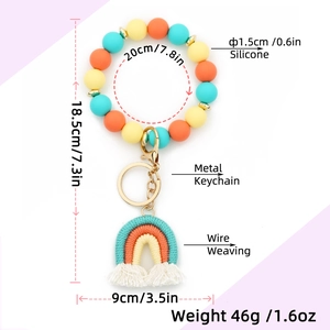Detailed size chart for silicone bead bracelet keychain with woven rainbow fringe pendant