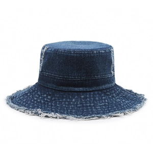 Vintage dark blue denim bucket hat with frayed edges and washed finish for women