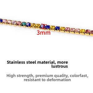 Detailed close-up of 3mm colorful square rhinestones on a stainless steel claw chain