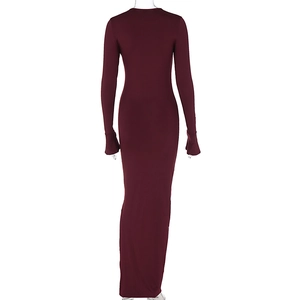 Back view of burgundy long sleeve slim fit maxi dress featuring high-stretch knit fabric