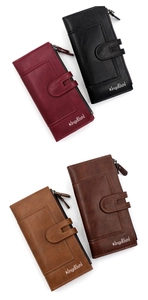 Flat lay of long PU leather wallets in black, wine red, and brown showing multiple colors