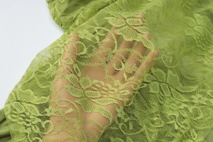 Close-up of green lace fabric detail with floral mesh patterns on a short dress