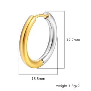 Polished two-tone gold and silver stainless steel hoop earrings with secure clicker clasp
