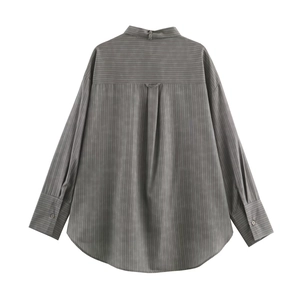 Back view of a grey striped long-sleeve shirt with bow detail and casual cargo style