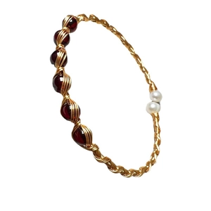 Handmade 14K gold filled wire wrapped bracelet with garnet beads and white pearls