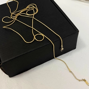 Detail of 18K gold plated snake chain necklace with lobster clasp and extension on black gift box