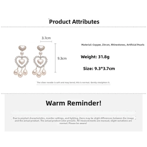 Detailed size and material guide for pearl heart earrings with cubic zirconia and rhinestones