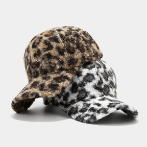 Winter leopard print baseball cap and bucket hat in plush faux fur warm fabric