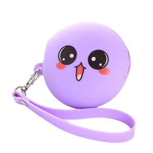 Purple round silicone coin purse with cute cartoon face and wrist strap