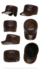 Detail view of winter leather flat cap with fold-out earflaps and warm fleece lining