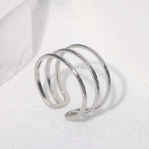 Three-layer open stainless steel ring with handmade hammered texture in silver finish