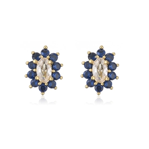 Exquisite 18K gold plated sunflower studs with blue and white cubic zirconia stones