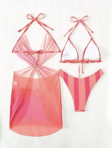 Detailansicht eines 3-teiligen Bikinis mit Farbverlauf und Mesh-Neckholder-Überwurf