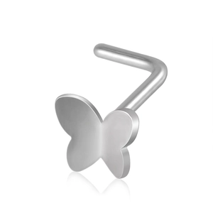 Silver butterfly L-shaped nose stud in stainless steel with polished mirror reflection