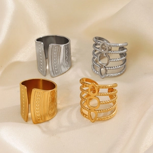 Chic 18K gold plated geometric ring set with ethnic pattern and multilayered open design