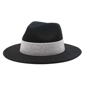 Classic black wool fedora hat with a wide brim and silver glitter band decoration