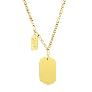 Collier en acier titane doré avec pendentif soleil-lune et plaque ovale lisse