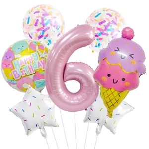 Set de ballons 6ème anniversaire thème glace avec chiffre 6 rose et décors en aluminium